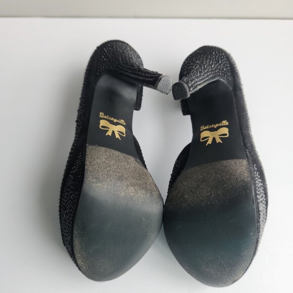 Betseyville Betty Johnson 6.5 Y2K Black w/ Gems Peep Toe Pumps Platform Stiletto - Picture 8 of 9